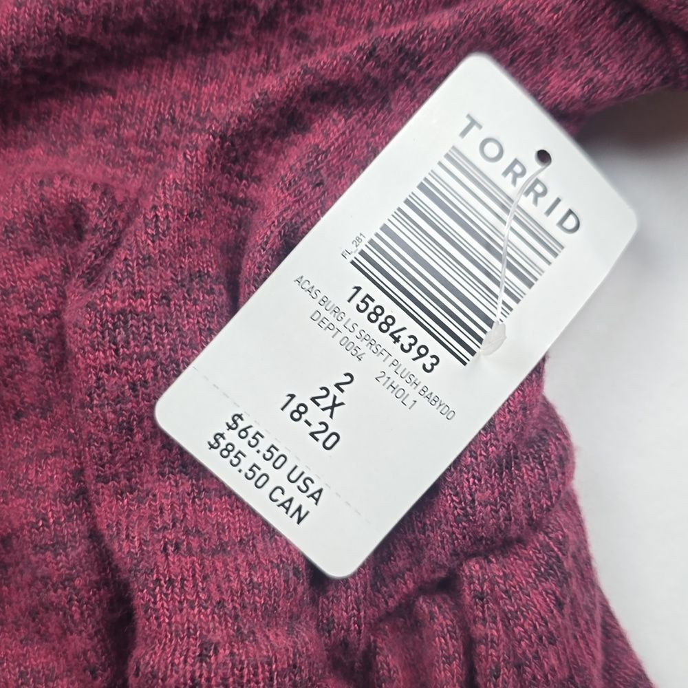 Torrid NWT Babydoll‎ Dress - Super Soft Plush Burgundy Long Sleeve Plus Size 2X - Picture 7 of 9